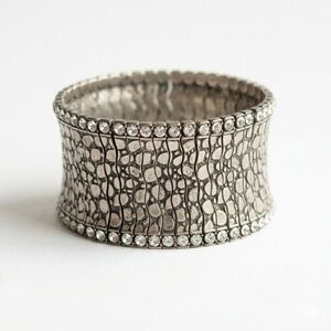 RA Signed Vintage Silver Pebble Rhinestone Wide Statement Cuff Bracelet